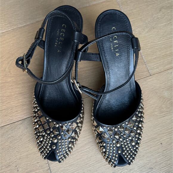 Cecelia New York Birdie Heels Sz 8.5 Black Gold Studded Peep-Toe Ankle Strap - Picture 1 of 13